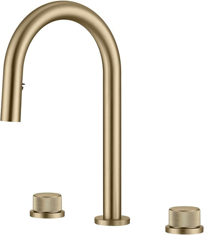 3 Hole Basin Mixer Faucet Pull Brass 3 Hole Bathroom Faucets Dual Mode 2 Handles-Brushed Gold