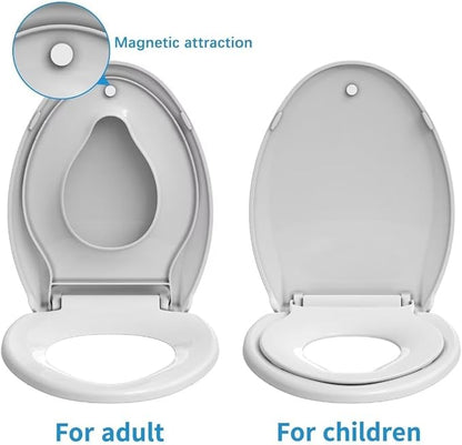 19" Elongated Toilet Seat for Adult and Child, Built-In Potty Training with Soft Quiet Close Non-Slip Design, Magnetic Children's Seat and Cover, Pink Color, Easy Installation