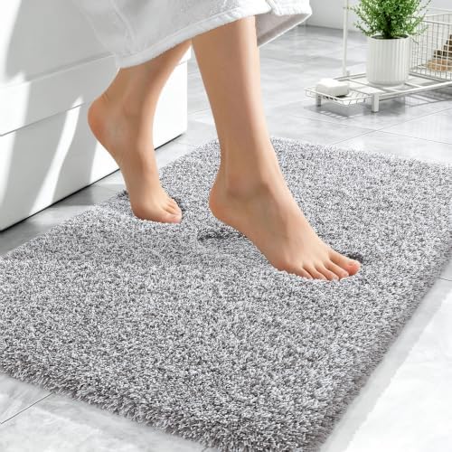 OLANLY Microfiber Bathroom Rugs 24x16, Quick Dry Mat, Light Grey and White