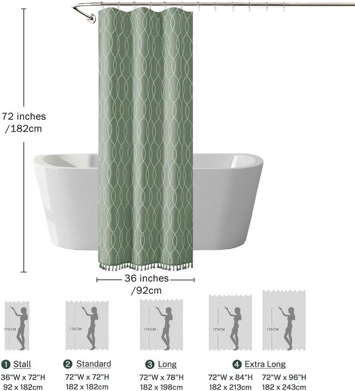 OVZME Sage Green Stall Shower Curtain for Bathroom, Puff Printed Textured Shower Curtain with Tassels, Geometry Heavy Duty Vintage Country Narrow Bathroom Curtain, Water Resistant Fabric, 36Wx72L