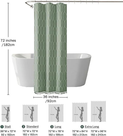 OVZME Sage Green Stall Shower Curtain for Bathroom, Puff Printed Textured Shower Curtain with Tassels, Geometry Heavy Duty Vintage Country Narrow Bathroom Curtain, Water Resistant Fabric, 36Wx72L
