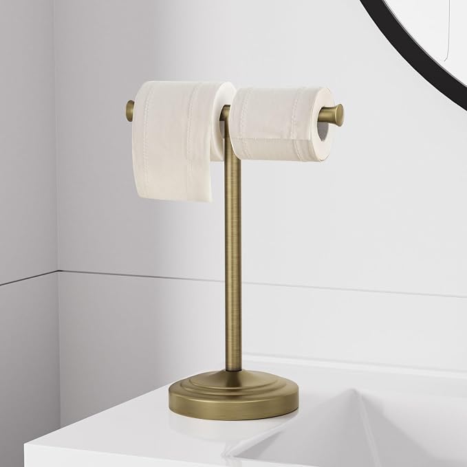 RUMOSE Antique Brass Hand Towel Holder Stand Countertop Towel Rack | 13 Inch Bathroom Kitchen Vanity T-Shape Towel Stand Free Standing Stainless Steel Towel Bar Towel Ring