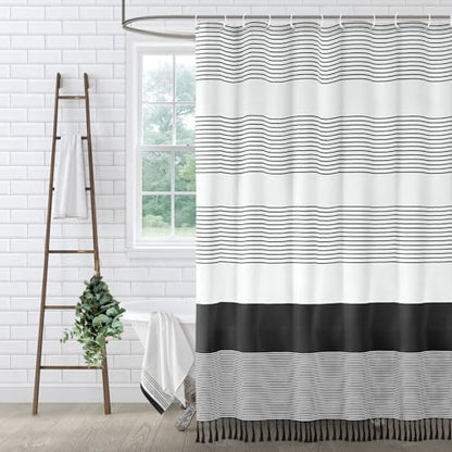 Black Boho Cotton Striped Shower Curtain with Tassel 72" W X 72" L