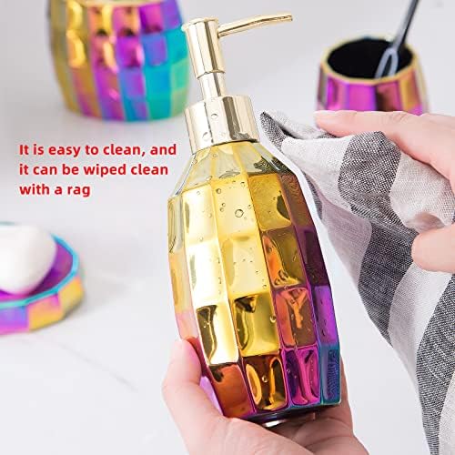 Rainbow Bathroom Accessory Set, Colorful/Gold Mosaic Ceramic Bathroom Accessories Sets Includes Lotion Dispenser, Toothbrush Holder Tumbler, and Soap Dish