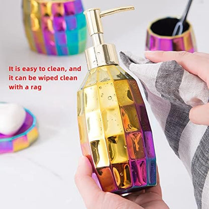 Rainbow Bathroom Accessory Set, Colorful/Gold Mosaic Ceramic Bathroom Accessories Sets Includes Lotion Dispenser, Toothbrush Holder Tumbler, and Soap Dish