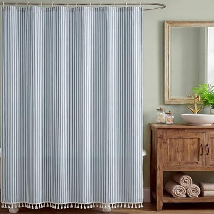 HunnmingRe Dusty Blue Farmhouse Striped Shower Curtain Tasseled 72x72 Inch