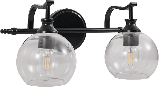 2 Light Bathroom Vanity Light, Matte Black Bathroom Light Fixtures, Modern Wall Sconce with Clear Globe Glass Shade, Farmhouse Wall Lamp for Bathroom, Living Room, Hallway, Cabinet, Porch