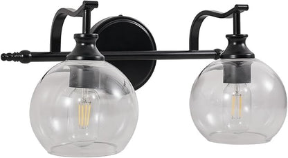 2 Light Bathroom Vanity Light, Matte Black Bathroom Light Fixtures, Modern Wall Sconce with Clear Globe Glass Shade, Farmhouse Wall Lamp for Bathroom, Living Room, Hallway, Cabinet, Porch