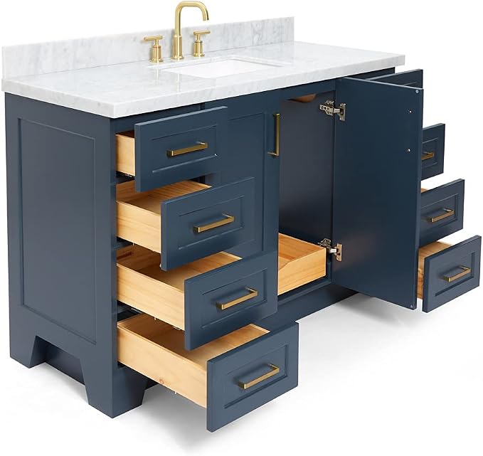 DKB Emilia 54" Midnight Blue Bathroom Vanity with Sink, 1.5" Edge Italian Carrara Marble Countertop, Rectangular Undermount Sink, 2 Soft-Closing Doors, 9 Dovetail Drawers