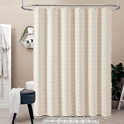 BTTN 84x72 Boho Farmhouse Linen Heavy Duty Shower Curtain Set, Cream/Beige