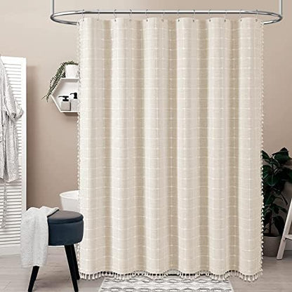 BTTN 84x72 Boho Farmhouse Linen Heavy Duty Shower Curtain Set, Cream/Beige