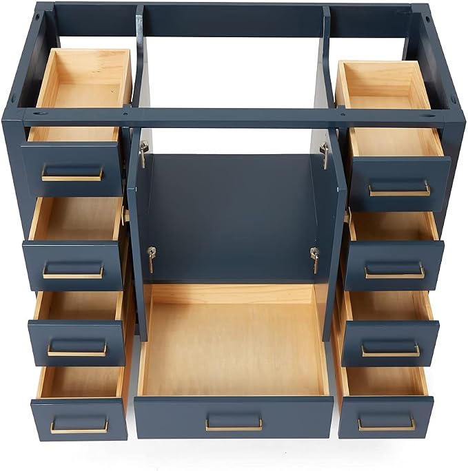 ARIEL Cambridge 42-inch Bathroom Vanity Base Cabinet,Solid Wood, 2 Soft Closing Doors, 9 Dovetail Drawers, Midnight Blue