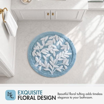 Madison Park Serene Tufted Bath Rug Cotton Absorbent, Round, Blue | Quick Dry, Soft Pile, Machine Washable, Floral Pattern, Plush, OEKO-TEX Certified