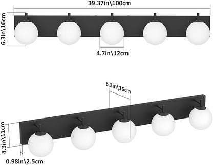 Aipsun Vanity Light, 5 Lights Matte Black Bathroom Light Fixtures, Vanity Lights with Milky White Globe Glass, Black Lights Over Mirror