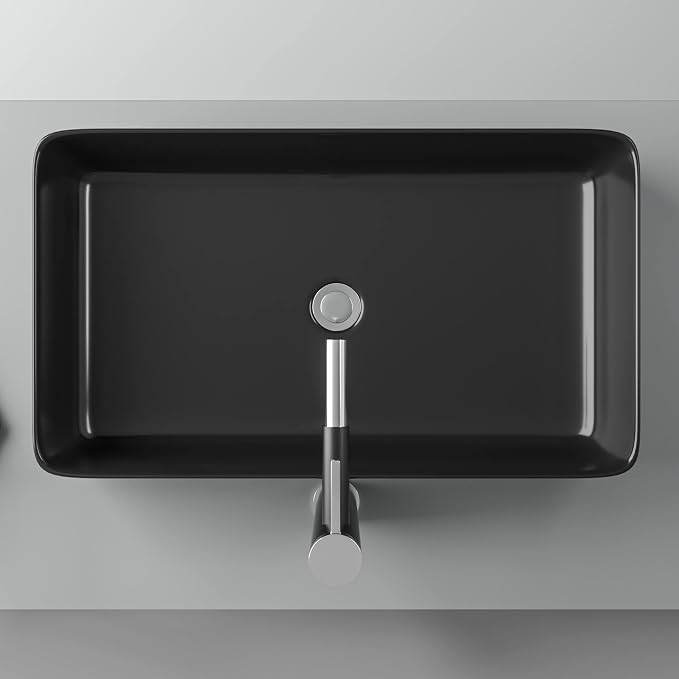 24"x14" Matte Black Bathroom Vessel Sink Rectangle Porcelain Ceramic Above Counter Sink Bowl for Vanity Powder Room Cabinet Lavatory