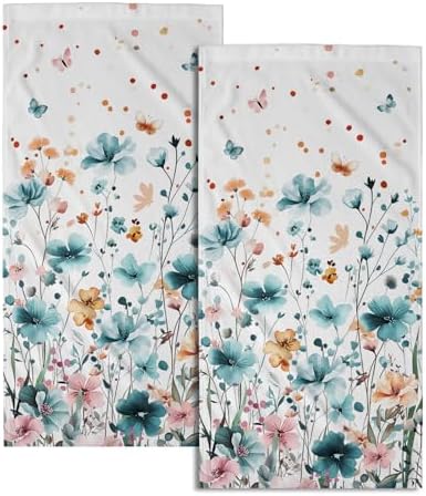 Teal Green Yellow Floral Hand Towels 14x28 Inch 2Pcs Watercolor Nature Flowers Absorbent Soft Fingertip Tea Towel Dish Washcloth for Sports Gym Yoga Kitchen Bathroom Home Decor