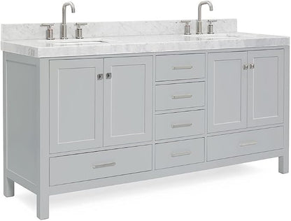 ARIEL Cambridge 72-inch Bathroom Vanity with Sink,Solid Wood, 2-inch Italian Carrara Marble Countertop, Double Rectangular Porcelain Sink, 4 Soft Closing Doors, 6 Dovetail Drawers, Grey