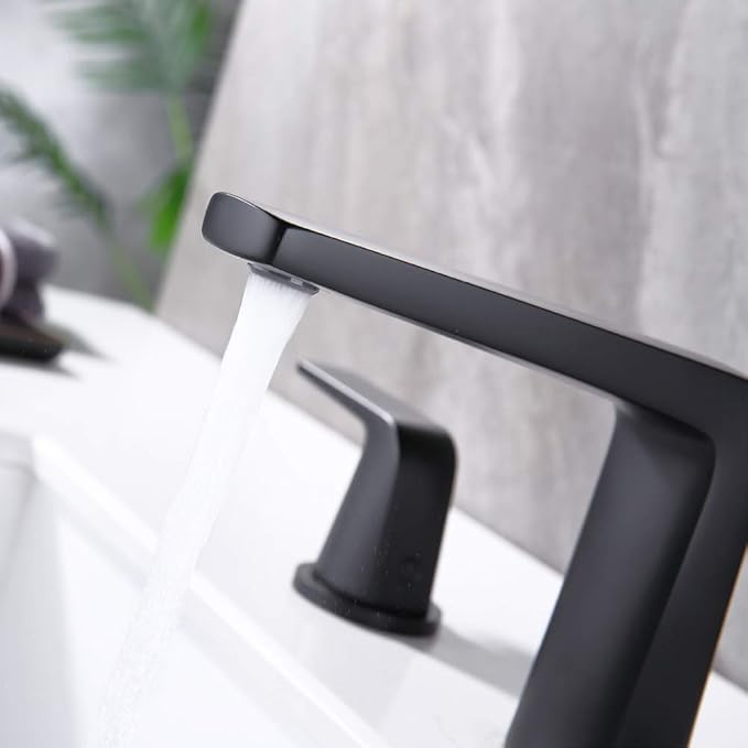 8 inch 2 Handles Widespread Bathroom Faucet 3 Holes with Pop up Drain Assembly and Water Supply Lines (Black)