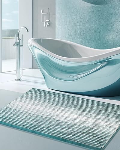 BSICPRO Large Chenille Bathroom Rugs, 24x43 Striped Bath Mats, Aqua Green