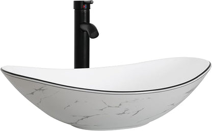 24 Inch White Bathroom Vanity with Marble Texture Top, Traditional Standing Pedestal Cabinet with Marble Boat Ceramic Sink