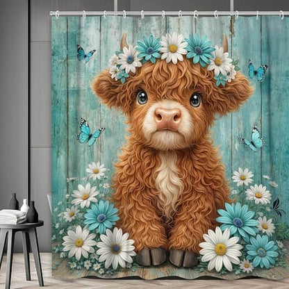 Cute Cow Shower Curtain, Farmhouse Rustic Teal Floral Daisy Highland Cow Shower Curtains for Bathroom, Calf Country Farm Animal Garden Plant Fabric Bathroom Decor with Hooks, 54x72 inch