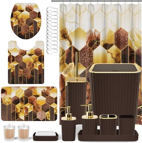 XLHOMO Bathroom Set - 26PC Bathroom Set with Shower Curtain and Rugs, Bathroom Accessory Set, Brown Bathroom Accessories Set, Trash Can & Soap Dispenser