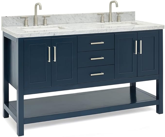 ARIEL Magnolia 60-inch Bathroom Vanity with Sink,Solid Wood, 1.5-inch Italian Carrara Marble Countertop, Double Rectangular Porcelain Sink, 4 Soft Closing Doors, 3 Dovetail Drawers, Midnight Blue