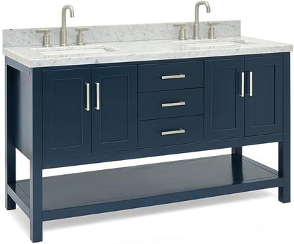 ARIEL Magnolia 60-inch Bathroom Vanity with Sink,Solid Wood, 1.5-inch Italian Carrara Marble Countertop, Double Rectangular Porcelain Sink, 4 Soft Closing Doors, 3 Dovetail Drawers, Midnight Blue