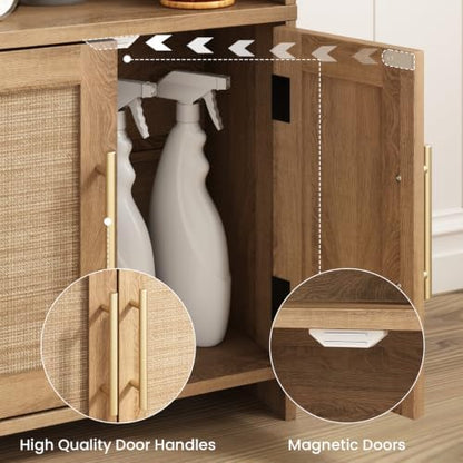 Small Bathroom Storage Cabinet with 2 Doors & Shelf,Rattan Natural
