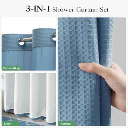 Dynamene Moonlight Blue Hook Free Waffle Shower Curtain & Snap Liner,72x99