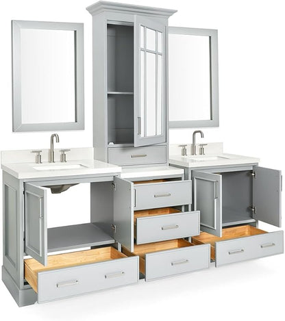 ARIEL Stafford 84-inch Bathroom Vanity with Sink,Solid Wood, 1.5-inch Pure White Quartz Countertop & Backsplash, Double Rectangular Porcelain Sink, 5 Soft Closing Doors, 6 Dovetail Drawers, Grey