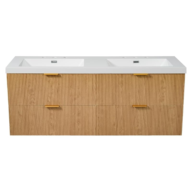 60 Inch Natural Color Floating Double Sink Bathroom Vanity with SMC Countertop and 4 Divided Drawers for Medium or Large Bathroom Room, Painted MDF Cabinet, Wall-Mounted
