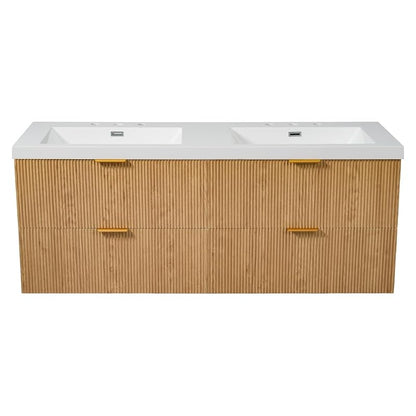 60 Inch Natural Color Floating Double Sink Bathroom Vanity with SMC Countertop and 4 Divided Drawers for Medium or Large Bathroom Room, Painted MDF Cabinet, Wall-Mounted