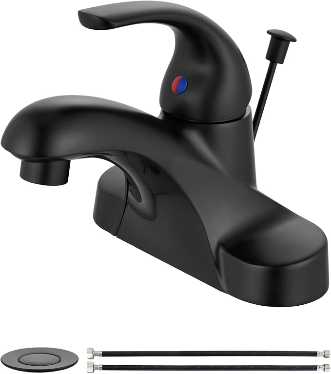4-Inch Centerset Bathroom Sink Faucet with Drain, Matte Black | Single-Handle Vanity Faucet with Lift Rod Drain, 24-Inch Supply Lines, 1.2 GPM, 3-Hole Deck Mount, Easy Installation