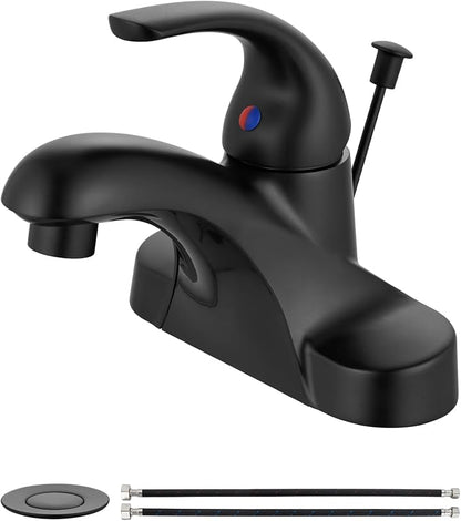 4-Inch Centerset Bathroom Sink Faucet with Drain, Matte Black | Single-Handle Vanity Faucet with Lift Rod Drain, 24-Inch Supply Lines, 1.2 GPM, 3-Hole Deck Mount, Easy Installation