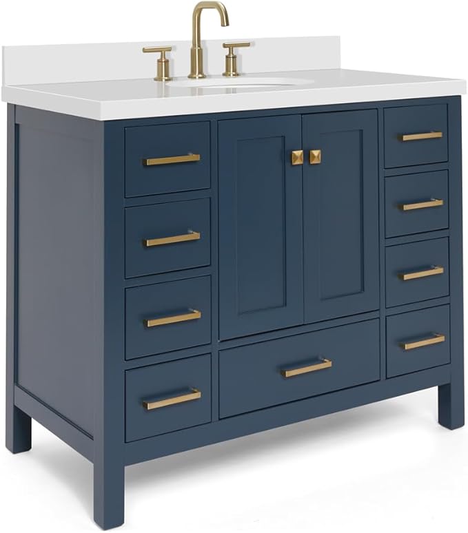 ARIEL Cambridge 42-inch Bathroom Vanity with Sink,Solid Wood, 1.5-inch Pure White Quartz Countertop & Backsplash, Single Oval Porcelain Sink, 2 Soft Closing Doors, 9 Dovetail Drawers, Midnight Blue