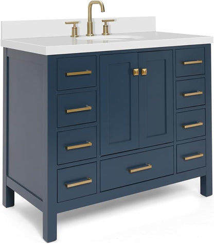 ARIEL Cambridge 42-inch Bathroom Vanity with Sink,Solid Wood, 1.5-inch Pure White Quartz Countertop & Backsplash, Single Oval Porcelain Sink, 2 Soft Closing Doors, 9 Dovetail Drawers, Midnight Blue