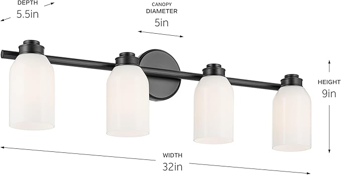 Kichler Shae 32.25" 4-Light Vanity Light with White Opal Glass in Black, for Bathroom Vanity, Powder Room, Over a Mirror, (32.25" W x 9" H), 55203BK