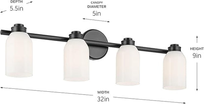 Kichler Shae 32.25" 4-Light Vanity Light with White Opal Glass in Black, for Bathroom Vanity, Powder Room, Over a Mirror, (32.25" W x 9" H), 55203BK