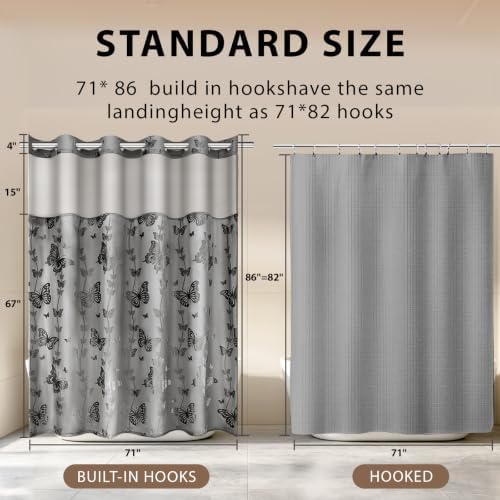 FADOTY No Hook Shower Curtain Snap in Liner Set with Grey Butterfly Design