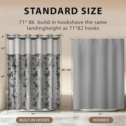 FADOTY No Hook Shower Curtain Snap in Liner Set with Grey Butterfly Design