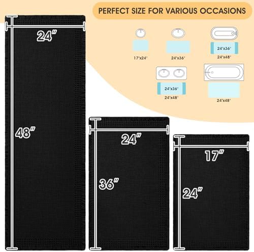 Upgrade Waffle Bath Mat Set 3 Piece, Boho Bathroom Rugs Absorbent Non Slip, Ultra Soft Bathroom Mat, Machine Washable Knit Bath Rugs with Border for Bathroom, Bedroom, Kitchen, Shower, Tub, Black