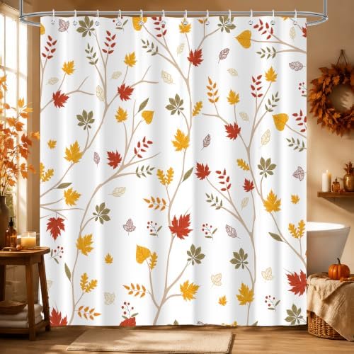 Fall Leaves Shower Curtain, Brown Eucalyptus Maple Leaf Plants Seasonal Autumn Bathroom Decor, Waterproof Cloth Fabric Bathroom Curtain with Hooks 72 x 72 inch
