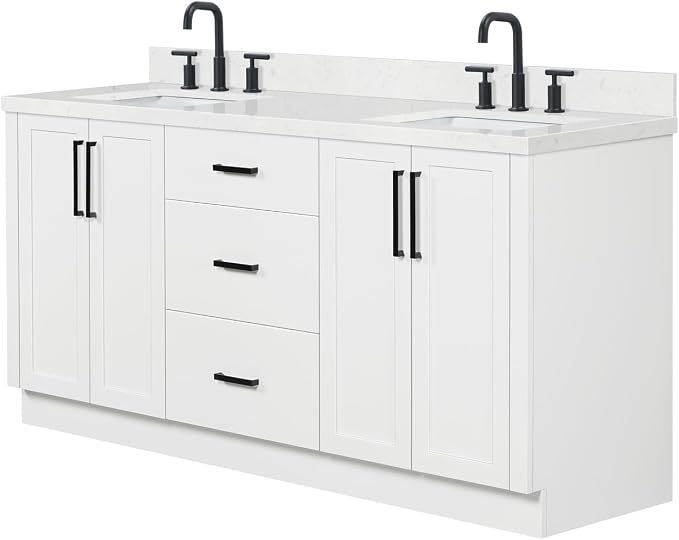 ARIEL Loren 72-inch Bathroom Vanity with Sink,Solid Wood, 1.5-inch Carrara White Quartz Countertop, Double Rectangular Porcelain Sink, 4 Soft Closing Doors, 3 Dovetail Drawers, White
