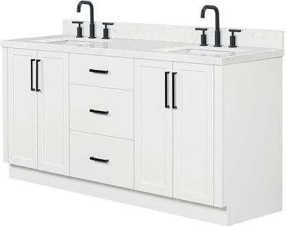 ARIEL Loren 72-inch Bathroom Vanity with Sink,Solid Wood, 1.5-inch Carrara White Quartz Countertop, Double Rectangular Porcelain Sink, 4 Soft Closing Doors, 3 Dovetail Drawers, White