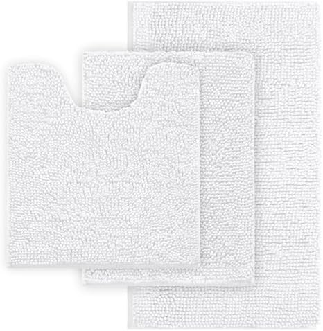 White Bathroom Rugs Chenille Bath Mat Set 3 Piece, Extra Soft, and Absorbent Shaggy Rugs, Machine Wash and Dry, Perfect Plush Carpet Mats for Tub, Shower, Bathroom Rug Mats