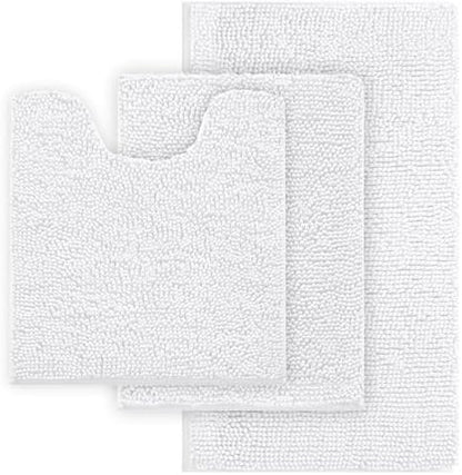 White Bathroom Rugs Chenille Bath Mat Set 3 Piece, Extra Soft, and Absorbent Shaggy Rugs, Machine Wash and Dry, Perfect Plush Carpet Mats for Tub, Shower, Bathroom Rug Mats