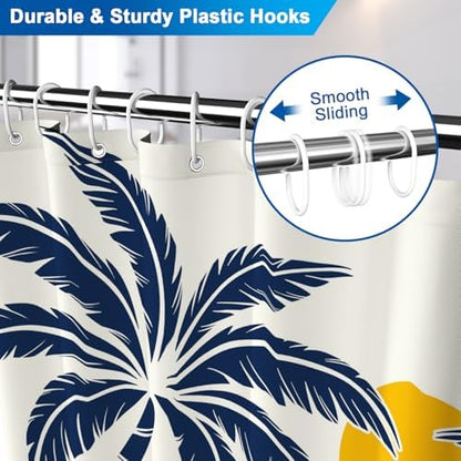 Tropical Bay Waterproof Shower Curtain with 12 Hooks, Navy Blue Palm Trees Shower Curtain Set for Bathroom, Metal Grommets & Weighted Bottom, Machine Washable Bath Curtain, 72x72 Inches