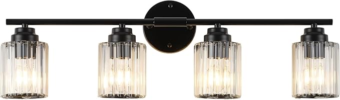 29.1" Black Vanity Light, 4-Light Bathroom Light Fixtures with Clear Crystal Shades, E26 Base Modern Black Wall Sconce, Vanity Lights for Bathroom Powder Room Bedroom Hallway
