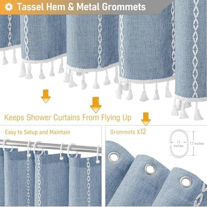 BTTN 72 x 90 Boho Farmhouse Linen Heavy Duty Cloth Shower Curtain Set, Blue